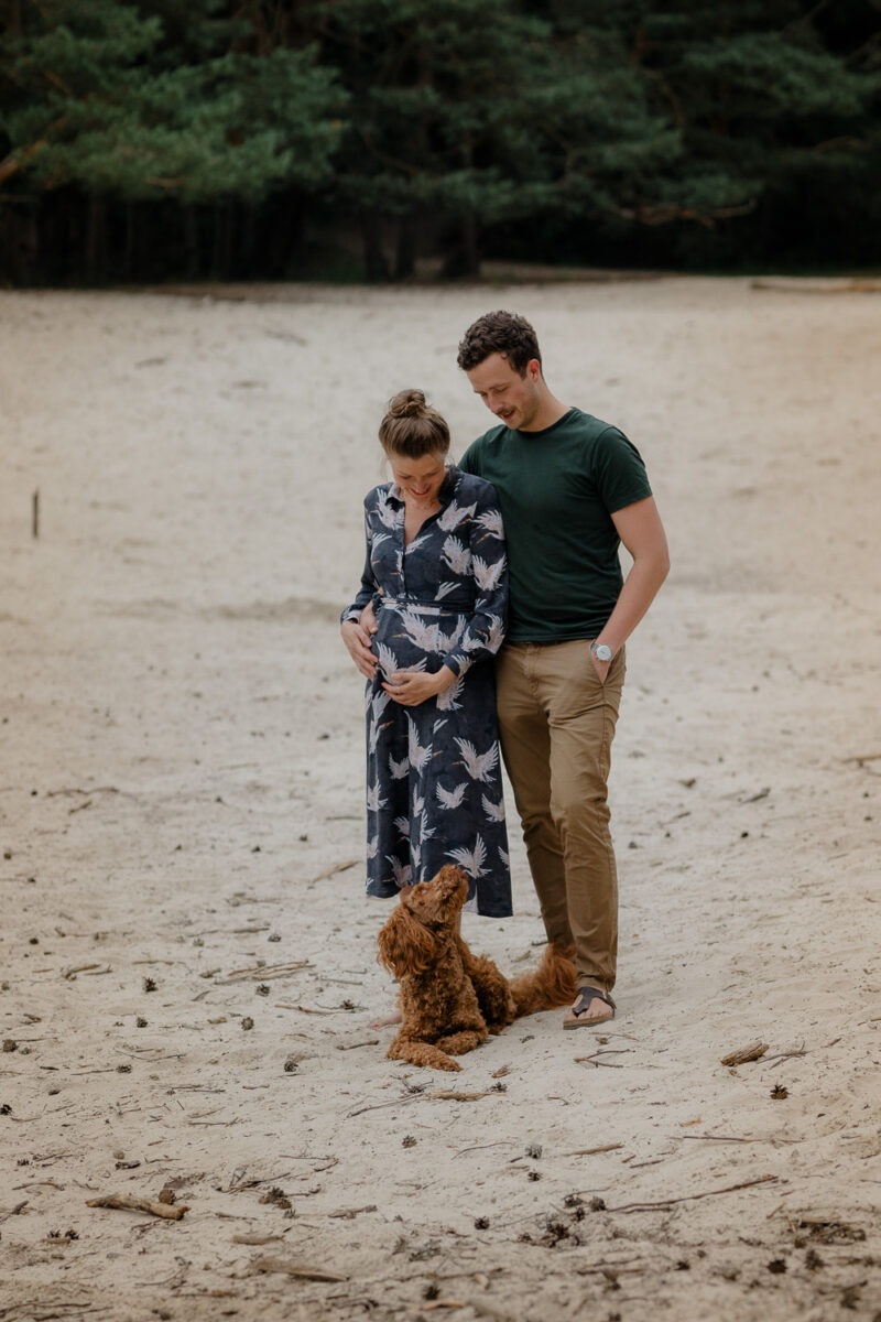 Dein Babybauchshootings - Ablauf und Besonderheiten 2 Babybauchshooting, Paar in den Dünen mit Hund, Frau mit Babybauch, Wald im Hintergrund