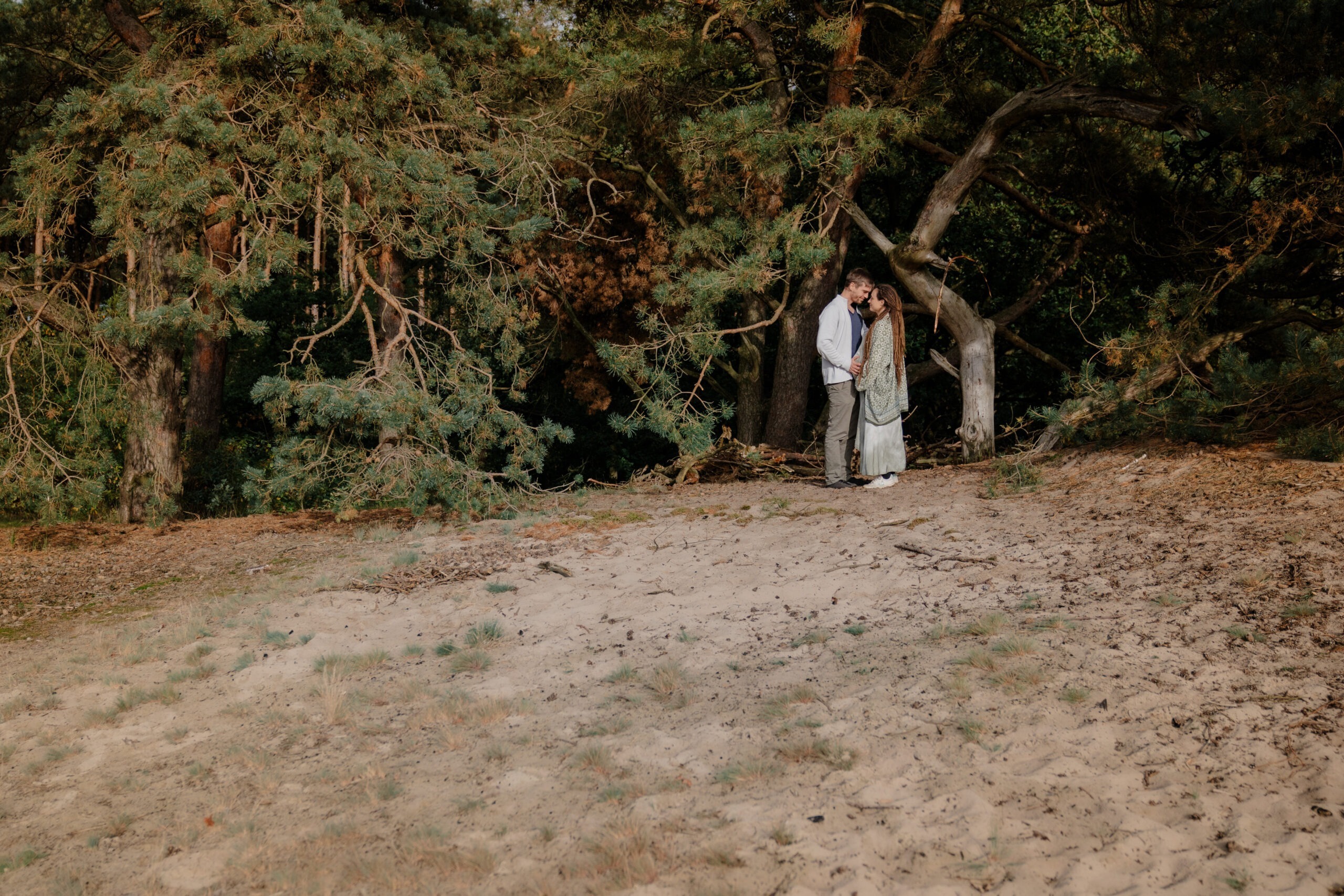 Aufnahme Paar in den Dünen mit Wald im Hintergrund, Frau mit Babybauch, Mann hält Bauch